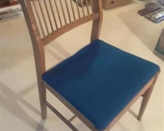 PAIR OF WOOD CHAIRS WITH BLUE SEATS