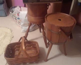 WOOD SEWING BASKETS OR CASES ON STANDS WITH VARIOUS SEWING MATERIALS