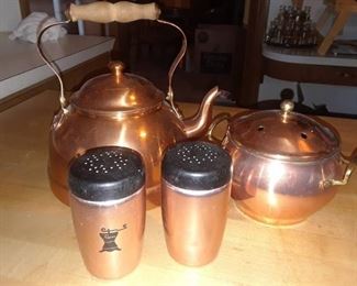 WESTBEND COPPER TEAPOT SET WITH SALT AND PEPPER SHAKERS