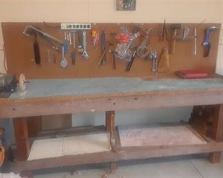 WORKBENCH WITH PEGBOARD AND CONTENTS INCLUDING VICE AND DUAL GRINDER