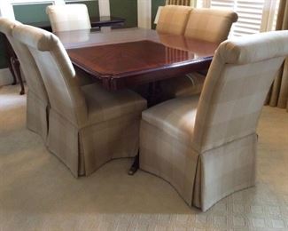 Mahogany Dining Room Table 43 inches wide by 67 inches long with two 14 inch leaves by Universal Furniture LTD @ $750.00 and 8 yellow plaid chairs @125.00 each. Can be sold separately.