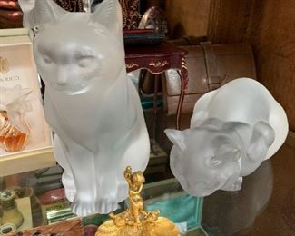Lalique Crystal Sitting & Crouching Cats