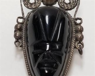 $35.00. Vintage MCM Aztec Mexican craved Face / Mask Black Onyx
Sterling Silver 7 grams