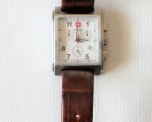 25. $60 - Wenger Escort Chronograph Rectangular Swiss Watch w/ Brown Leather Strap White Dial - Excellent condition, not running