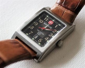 26. $60 - Wenger Escort Rectangular Watch w/ Brown Leather Strap Black Dial - Very good condition w/ some wear and tear, not running