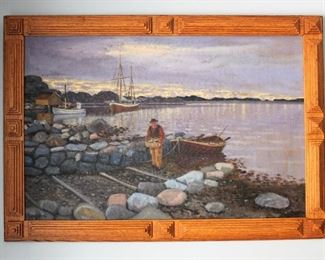 43. SOLD - Vintage painting w/ art deco style oak frame, depicting a fisherman w/ his catch, boats in the background - Signed Lagenstein ? and dated, 46 (1946), total size is 40.5 x 29 inches, framed area measures approx. 35 x 29 inches