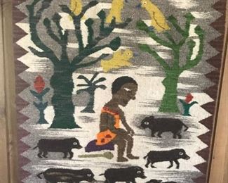 Large primitive wool tapestry- charming folk art $125