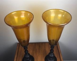 Lot 31: Tall Amber Glass Pedestal Urns; 22.5” tall x 8” wide; $30 for pair