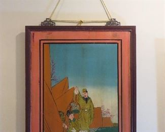 25% off now $145 was $195 Antique Painted Wood Panel "Couple on Garden Walk"  Chinese Art  Ornate Hardware with braided Cord & Tassel  H 37.5 in. x W 24 in. 
