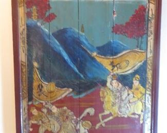 25% 0ff now $145 was $195 Antique Painted Wood Panel "War Horse Battle" Chinese Art  H 38 in. x W 25 in.  Ornate Hardware with braided Cord & Tassel
Antiques on Old Plank Road