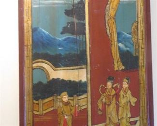 25% 0ff now $145 was $195  Antique Painted Wood Panel "Red Garden Meeting" Chinese Art  Ornate Hardware with braided Cord & Tassel  H 38 in. x W 24 in.  Antiques on Old Plank Road