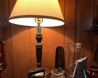 Lamp, sad iron, vases 