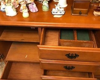 Vintage coffee grinder - drawers in china cabinet shown open