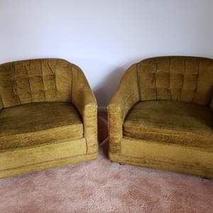 These mid-century chairs match with the couch perfectly! In very good condition with exception of ends of arms showing a bit of wear. (see pics)