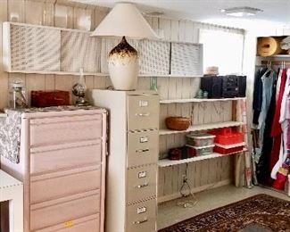 1970's White Formica Parson's Table, 54" x 27", $125.                  
5 Drawer White Chest , $65                                                                             4 Drawer filing cabinet 14''x 48”, $50     2 Drawer Filing Cabinet 14”x24, $25  Shelving tbd