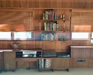 Mid-Century Wall Unit. Wood Shelving, $125.  Cabinets, $125-200.                                                                         Wood Roll up Blinds, $30 ea                                                                                  Pair of Black Genesis Speakers, $60                                                           