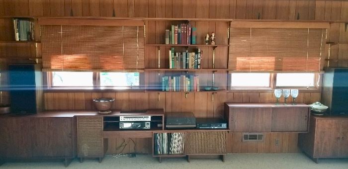 Mid-Century Wall Unit. Wood Shelving, $125.  Cabinets, $125-200.                                                                         Wood Roll up Blinds, $30 ea                                                                                  Pair of Black Genesis Speakers, $60                                                           