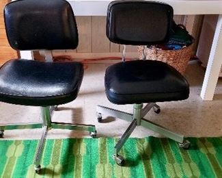 2 Mid Century Black Leather & Metal rolling 4-wheel Desk Chairs, $75 ea.