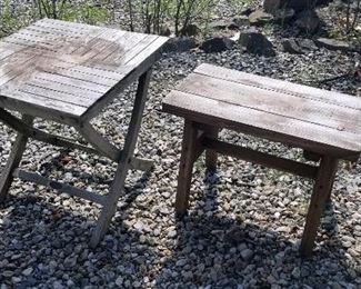 18” Square Teak folding Table, $40
20” Wood Bench, $25