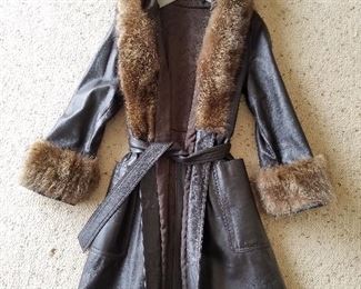 Vintage Leather Coat w/Fur Collar & Cuffs