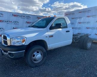307	:

2007 Dodge Ram 3500 Cab and Chassis - DEALER OR OUT OF STATE ONLY
DEALER OR OUT OF STATE ONLY
Year: 2007
Make: Dodge
Model: Ram Pickup
Vehicle Type: Pickup Truck
Mileage:
Plate:
Body Type: 2 Door Cab; Regular; Chassis
Trim Level: ST; Sport; SLT; Laramie
Drive Line: RWD; Dual Rear Wheels
Engine Type: L6, 6.7L; Turbo
Fuel Type: Diesel
Horsepower:
Transmission:
VIN #: 3D6WG46A87G737282

DEALER OR OUT OF STATE ONLY. $70 doc fee still applies. 
Need lien release 