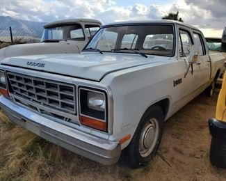 1056	

1985 Dodge Ram D350 Crew Cab Short Bed
Year: 1985
Make: Dodge
Model: D350 Pickup
Vehicle Type: Pickup Truck
Mileage: 96,265
Plate:
Body Type: 2 Door Cab; Crew
Trim Level: Base
Drive Line: RWD
Engine Type: V8, 5.9L (360 CID)
Fuel Type: Gasoline
Horsepower:
Transmission: Auto
VIN #: 1B7KD3613FS596717

Features and Notes: Key in Ignition
Ok to sell.
On non op.
 