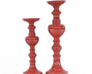 Pair Brick Red Turned Post Candlesticks 
