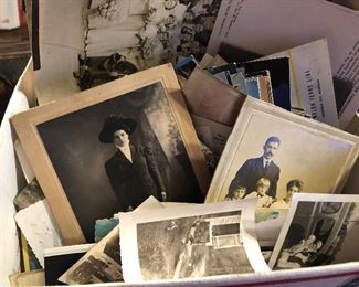 Box lot of old photos and cabinet cards and post cards, and ephemera paper items mixture found in estate home - lots of stuff