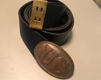 Civil war belt and buckle - unknown age may be a replica for reenactment? Very well made leather heavy brass have more pictures if requested  