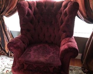 Gorgeous crushed velvet tufted arm chair with caster feet $300.00 .  Dimensions:  50 high x 40 wide x 37 deep