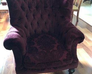 Gorgeous crushed velvet tufted arm chair with caster feet $300.00 .  Dimensions:  50 high x 40 wide x 37 deep