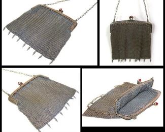 Lot 3. Antique German Silver Metal Mesh Engraved Frame Purse with Chain & Metal Fringe $35