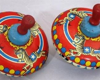 2 Ohio Art tin litho spinning tops