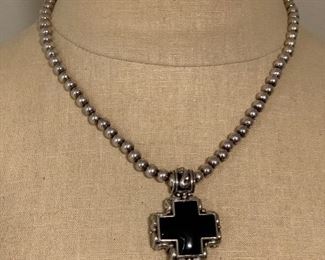 Sterling Bead Necklace with  sterling Cross with  onyx looking inset $55 #202