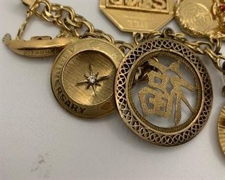 14K Charm Bracelet with 14K charms. Some are jeweled with diamonds and gemstones. It is 7.5 inches long and weighs just over 60 grams TW $2250.00 #253
