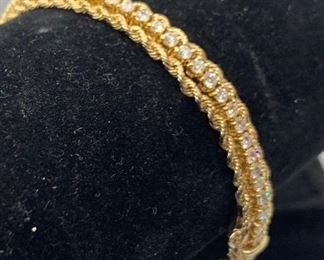 18k yellow gold diamond tennis bracelet  with gold rope edging 
 17.5 g TW 
4 carat total diamond weight 
GH color VS1 clarity
(Appraised at $8374) $3750 #300