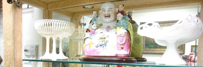 Bavarian compote $65/ Buddha with young children $475/ Milk glass Banana  Boat $48