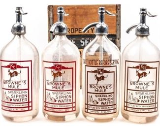 4 Vtg Browne's Mule Seltzer Bottles in Wood Crate
