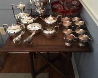 Mahogany table, silverplate tea set, Indiana Glass Whitehall ruby flashed punch bowl set