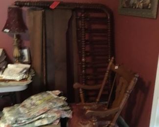 Bedroom- wooden bed frame, rocker, and miscellaneous