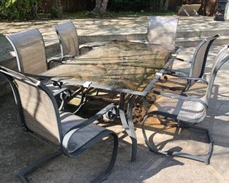 Aluminum Patio Set   Glass top   Size 6' T X 42" W  X 30" T  Hole in middle. $250.00