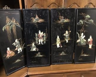 $90.00 - Take 60% off - Set of 4 vintage Chinese wall panels, decorative art hangings - Lovely detailed Mother of Pearl, soapstone. (Some fading of the Lacquer background) 