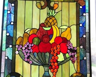 $ 400.00 - 25% MAX discount -Large Handcrafted Tiffany Style Stained Glass Window Panel, Fruit Basket w/grapes - This is a quality piece and the  colors of glass are amazing (24"x30")