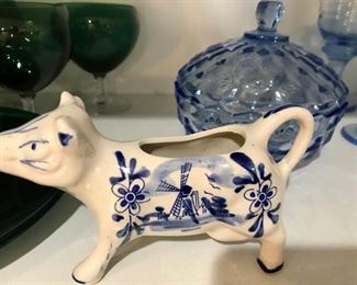 $ 30.00 - Take 50% off - Blue Fostoria covered candy bowl and a Delft Blue/off white Cow Creamer with a Holland windmill scene