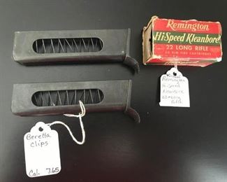 $ 135.00 - Take 60% off - Pair of Beretta Clips (Cal. 7.65) and full box of vintage Remington Hi-Speed Kleanbore 22-Long Rifle Ammo
