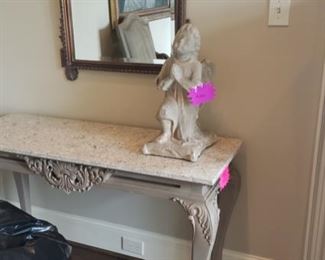 Now $50   Console with stone top and ball and claw feet  (do not have measurements at this time)                                            sale price                   $60!!!!                                                                             Angel statue sold separately       sale price           $60 !!!!                         