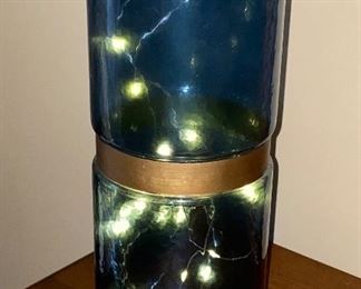 Aqua blue and gold stripe cylinder with led lights 14” tall, 7” in diameter $14
Shipping = $8