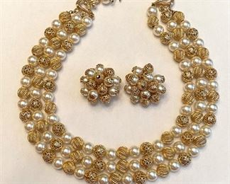 Vintage faux pearl and gold tone bead multi-strand necklace (14”) and clip earring set $12
Shipping = $1.50