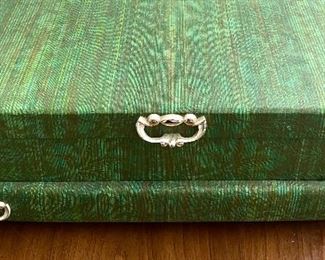 Vintage green 3 level jewelry box with green velvet lining
15” wide, 7.5” deep, 5” tall (when closed) $12
Shipping $8