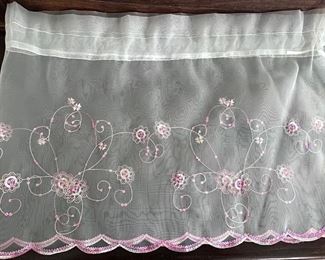 Pair of valances, sheer white with pink embroidery and sequins $5      Shipping = $2